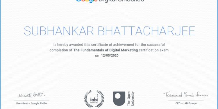 Subhankar Bhattacharjee A Digital Markeing Coach of BDN Groups, Got certified by Google.